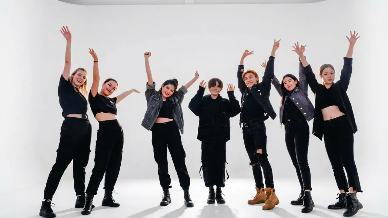 K-Pop with children, boys, girls, teenagers, and young dancers posing in a photo studio with a white cyclorama